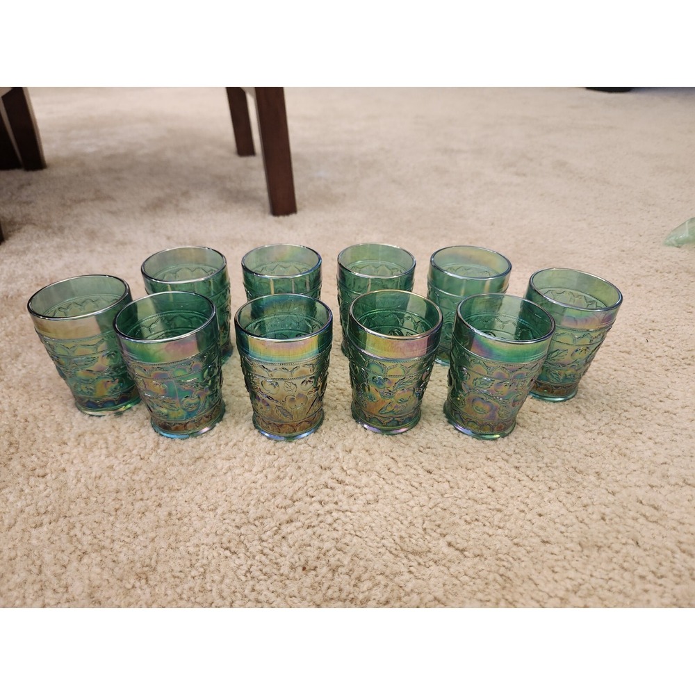 Fenton 2004 Green Amethyst Apple Tree Fruit Water Glasses Set Of 10 EUC 4"